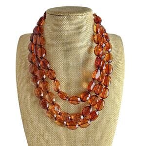 Amber Faceted Bead Statement Necklace 3 Strand Layered Lobster Clasp 18 Inch
